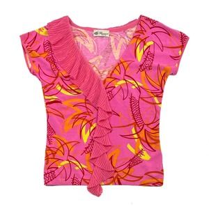 Blumarine V-Neck Tropical Print Pink Ruffle Top Women’s Size S